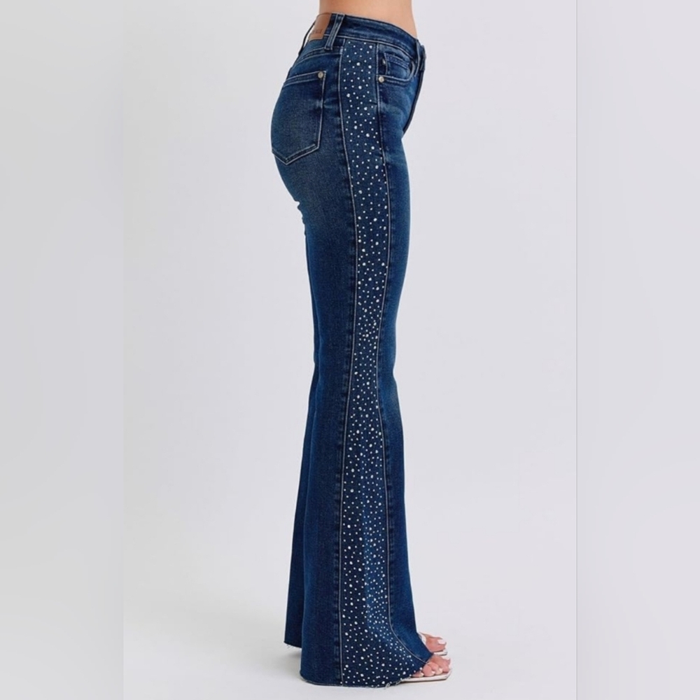 Judy Blue High Rise Dark Wash Rhinestone Side Panel Flare Jeans Raw Hem 9/29 NEW - Picture 9 of 14